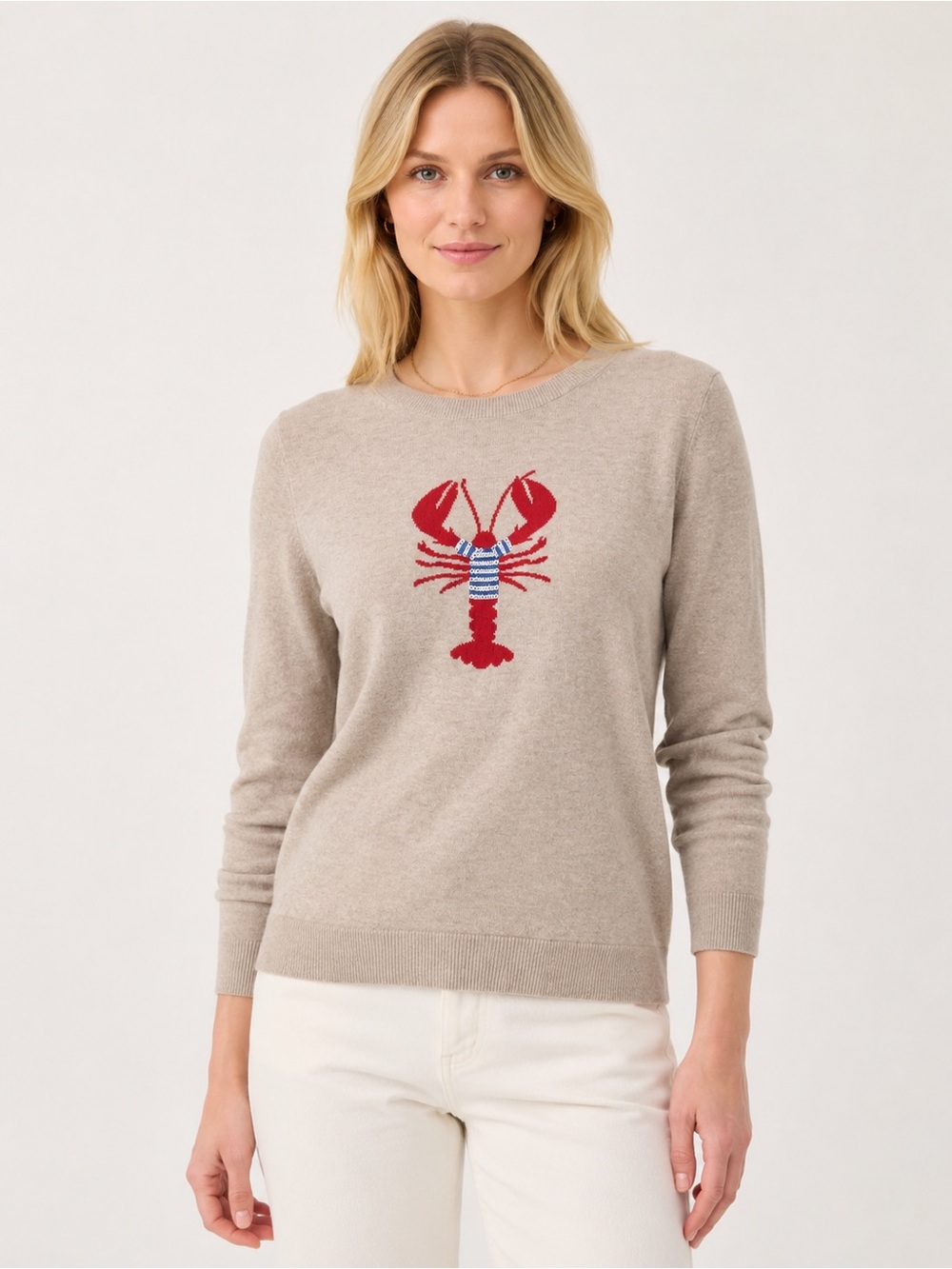 J. Crew Beige Crewneck Sweater with Red & Blue Lobster
